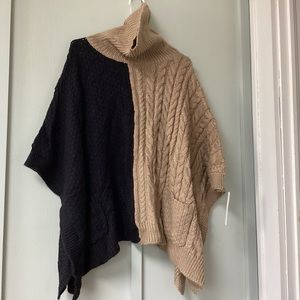 Andrea Jovine Poncho Sweater Turtleneck L/XL Brown Black Chunky Cable Pocket New